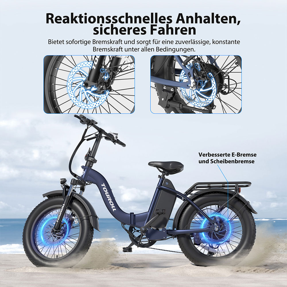 Touroll S2 Elektrofahrrad, 650 W max. Leistung, 48 V 15 Ah Akku, 20 x 4,0 Zoll Reifen, 25 km/h Max. Geschwindigkeit, 150 km max. Reichweite, mechanische Scheibenbremse & E-Bremse, mechanischer Stoßdämpfer, Shimano 7-Gang-Getriebe