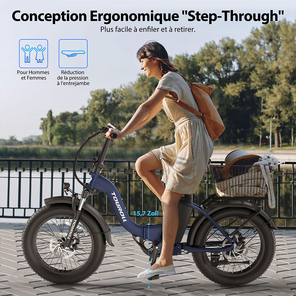 Touroll S2 Vélo électrique, puissance maximale de 650 W, batterie 48 V 15 Ah, pneu 20 x 4,0 pouces, vitesse maximale de 25 km/h, autonomie maximale de 150 km, frein à disque mécanique et frein électrique, amortisseur mécanique, Shimano 7 vitesses