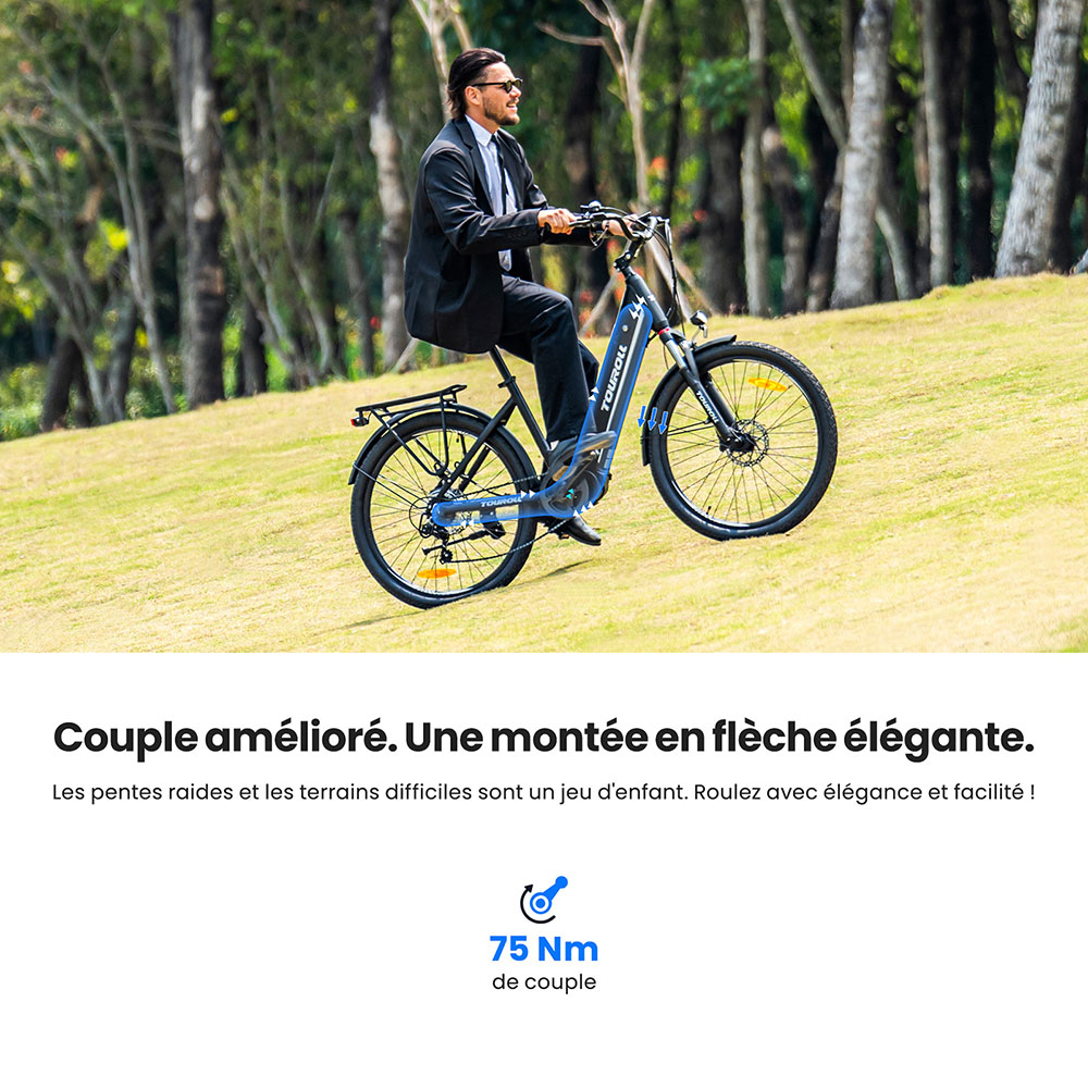 Touroll MA1 Vélo électrique, moteur central 250 W, batterie 36 V 13 Ah, pneus 26 pouces, vitesse maximale 25 km/h, autonomie maximale 110 km, freins à disque hydrauliques, fourche à suspension avec blocage, Shimano 7 vitesses