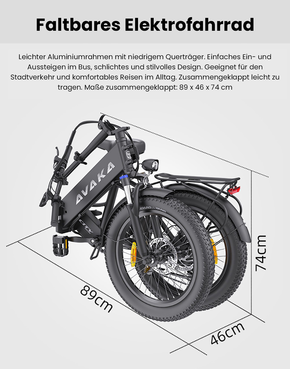 AVAKA K300 Faltbares Elektrofahrrad, 350 W Motor, 36 V 16 Ah Akku, 20 x 3,0 Zoll Reifen, 31 km/h Höchstgeschwindigkeit, 100 km Reichweite, Scheibenbremsen vorne und hinten, LCD-Display, SHIMANO 7-Gang - Weiß