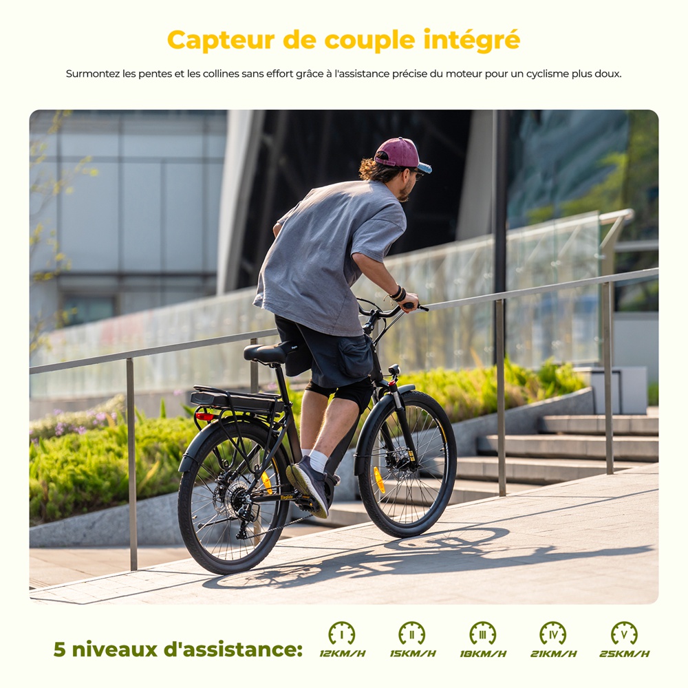 Eleglide C2 Vélo électrique, moteur central 250 W, batterie 36 V 13 Ah, pneus 26 pouces, vitesse maximale 25 km/h, autonomie 100 km, freins à disque hydrauliques, suspension avec blocage, transmission Shimano 7 vitesses