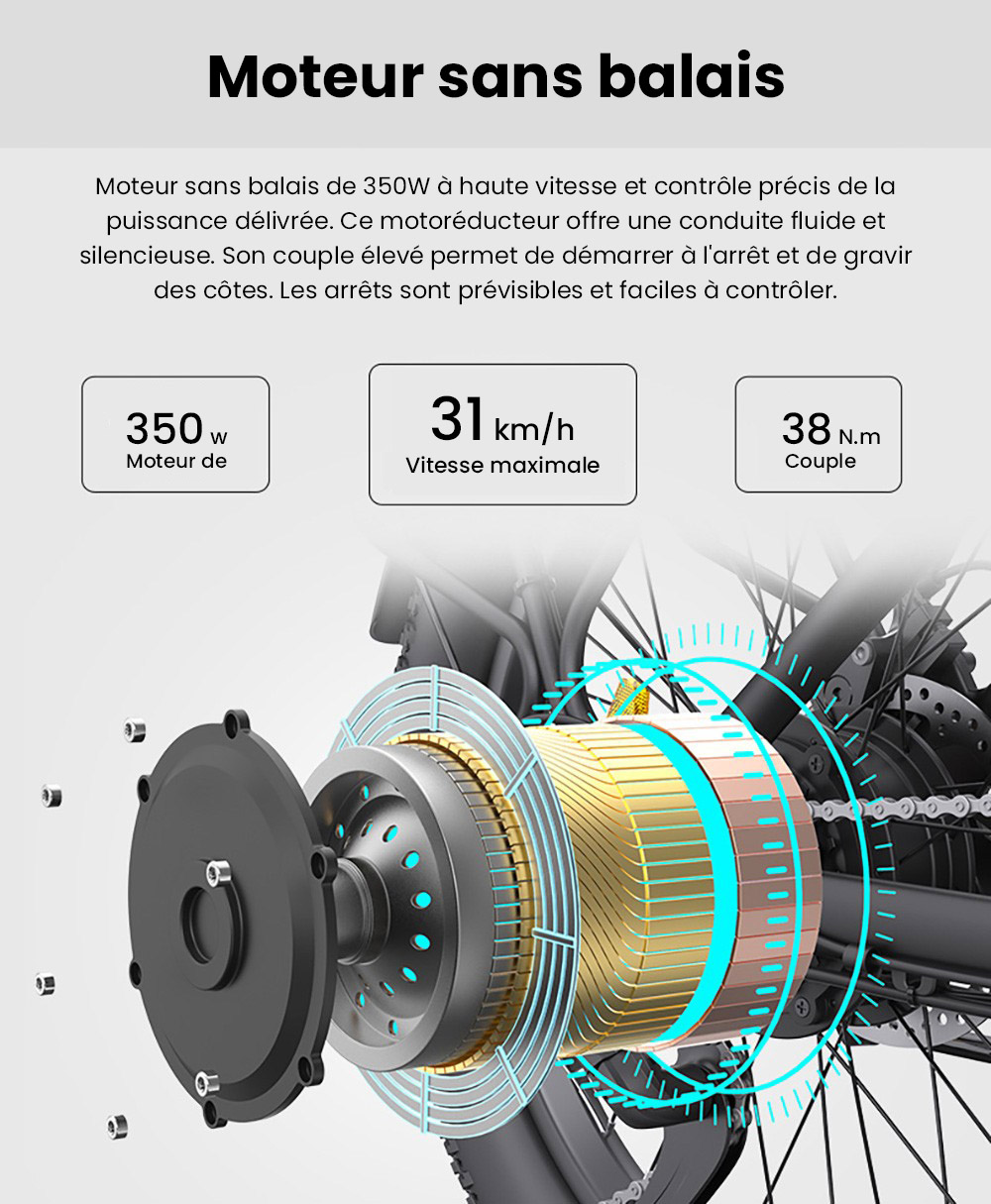 Vélo électrique pliable AVAKA K300, moteur 350 W, batterie 36 V 16 Ah, pneus 20 x 3,0 pouces, vitesse maximale 31 km/h, autonomie 100 km, freins à disque avant et arrière, écran LCD, SHIMANO 7 vitesses - Blanc