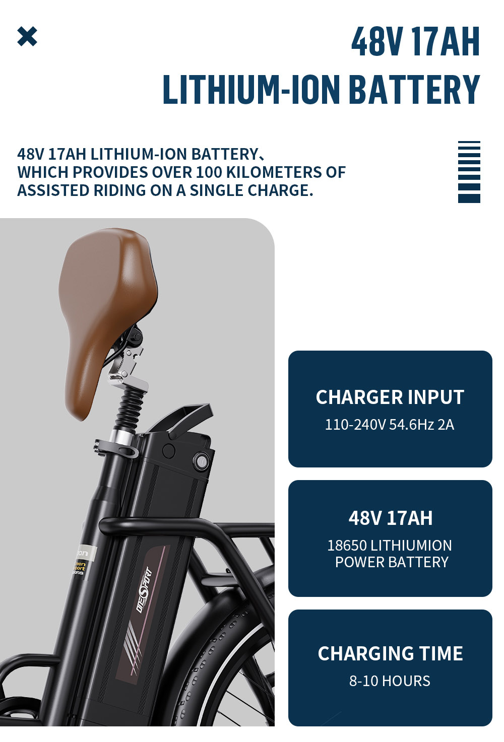 ONESPORT OT16 Vélo électrique, Pneus 20*3,0 pouces, batterie 48V 17Ah, Vitesse maximale 25km/h, 3 modes de conduite, Freins à disque, 7 vitesses - Noir et marron