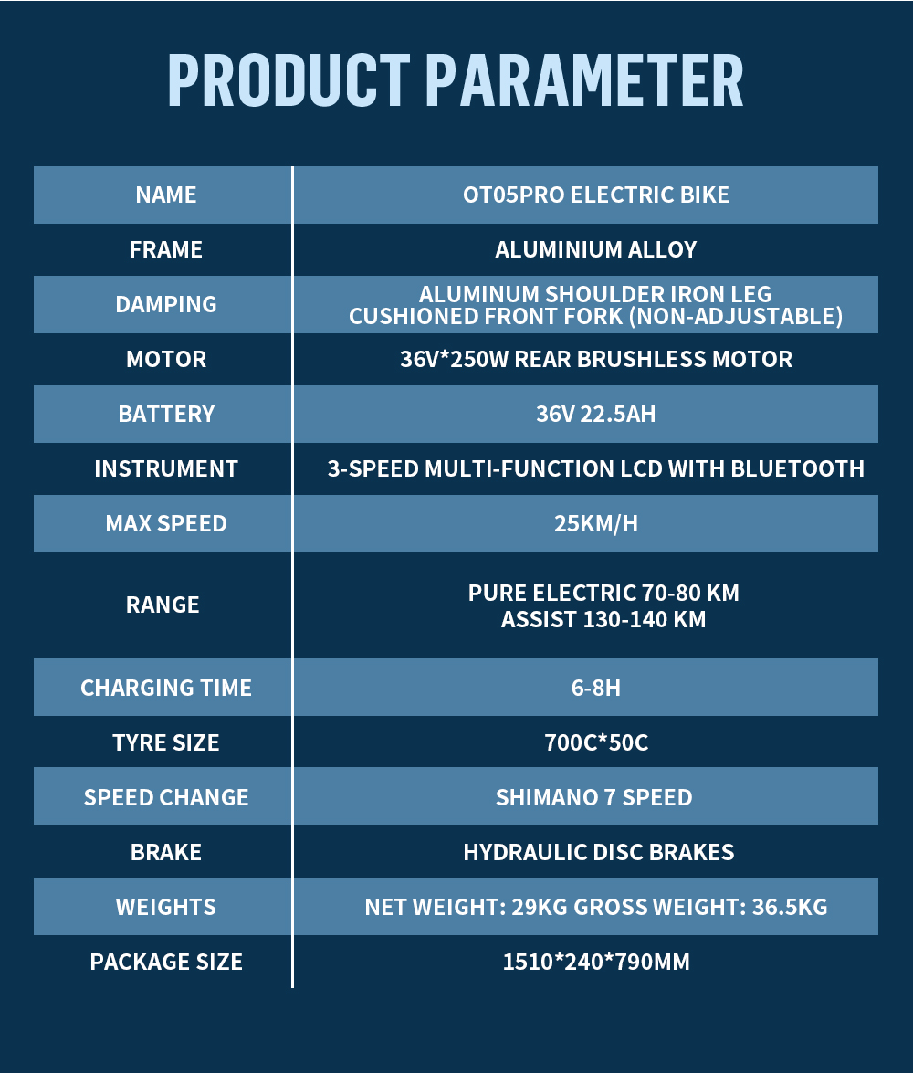ONESPORT OT05 Pro Electric Bike, 250W Motor, 36V 22.5Ah Battery, 700*50C Tires, 25km/h Max Speed, 140km Range, Hydraulic Disc Brakes, Front Suspension Fork, Shimano 7-speed - Grey