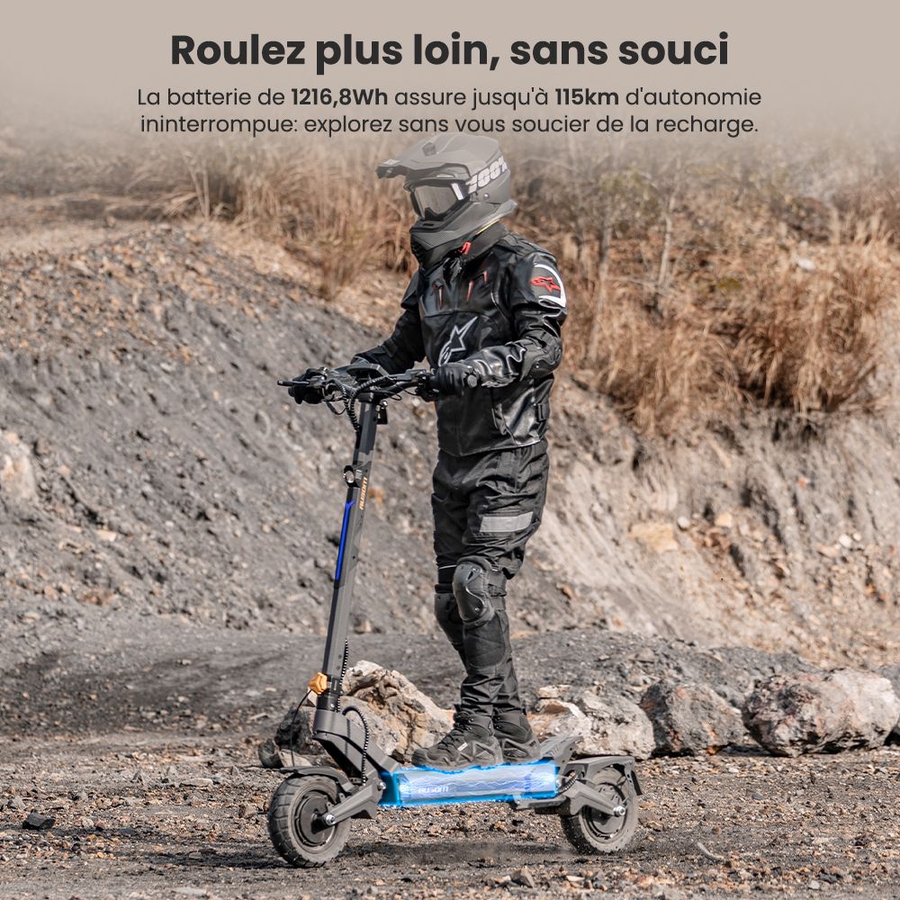 Ausom DT2 Pro Trottinette électrique, moteur 2 x 1 100 W, 52 V 23,4 Ah, pneus 10 x 3 pouces, vitesse maximale de 68 km/h, autonomie maximale de 115 km, freins à disque hydrauliques avant et arrière, suspension à bras oscillant