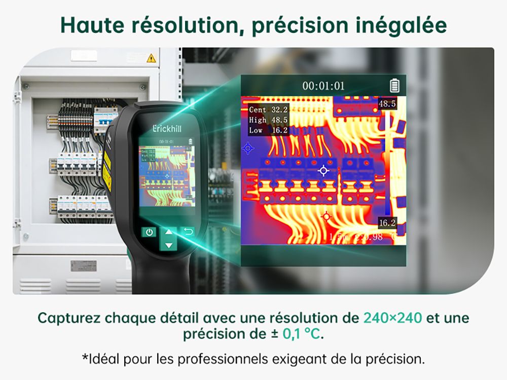 ERICKHILL ETI-01 Caméra Thermique, 240×240 IR, 20Hz, Plage de -20°C à 550°C, Détecteur Fuites HVAC, Pointeur Laser