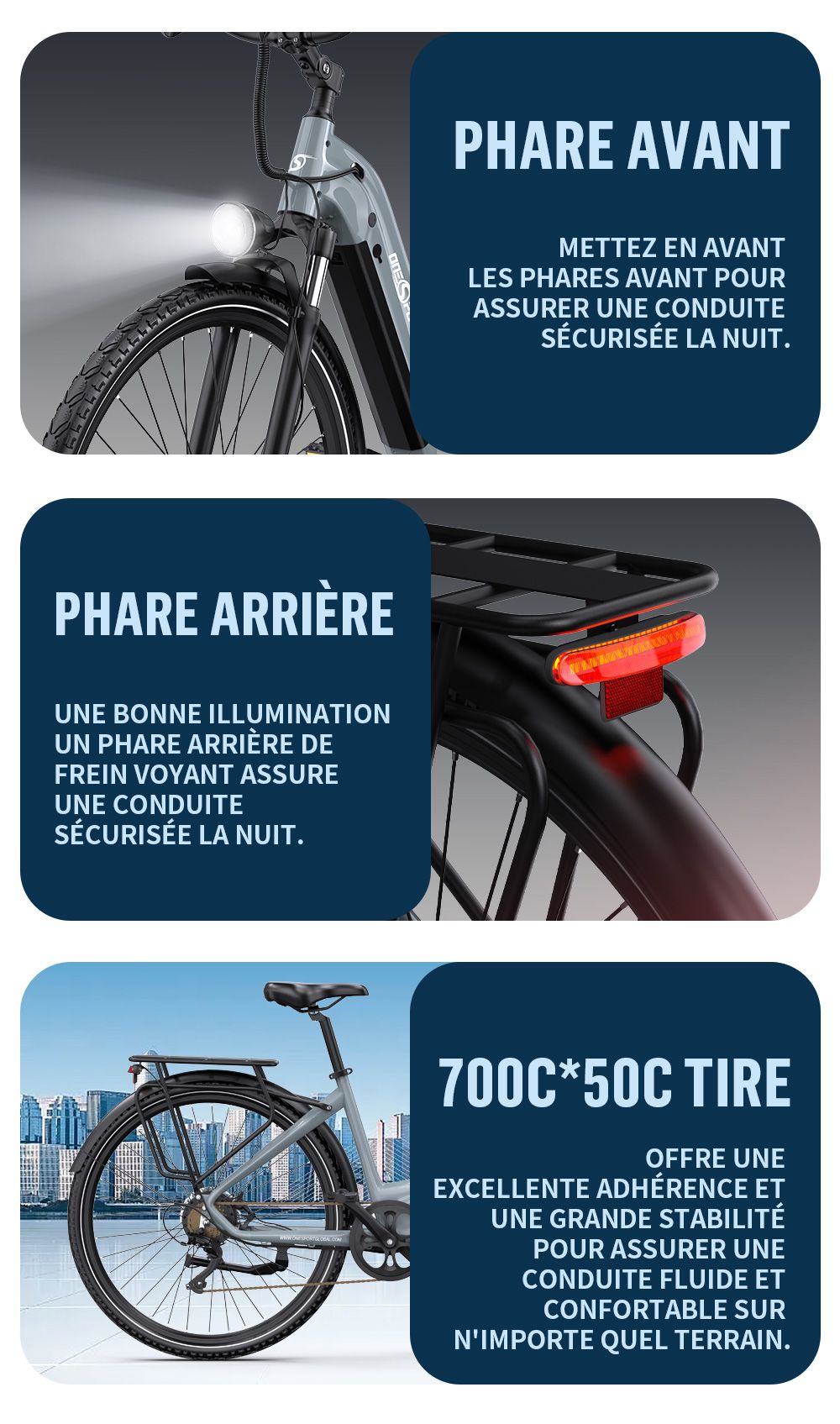 Onesport OT05 Pro Vélo électrique, moteur 250 W, batterie 36 V 22,5 Ah, pneus 700 x 50 C, vitesse maximale 25 km/h, autonomie 140 km, freins à disque hydrauliques, fourche à suspension avant, transmission Shimano 7 vitesses - Gris