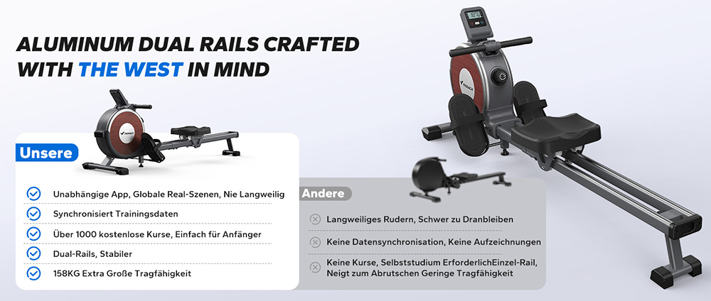 MERACH Q1S Magnetisches Rudergerät, 16-stufiger Widerstand, 160kg Kapazität, Doppelschiene, LCD-Monitor, App-kompatibel, Manuelle Anpassung, Schwarz