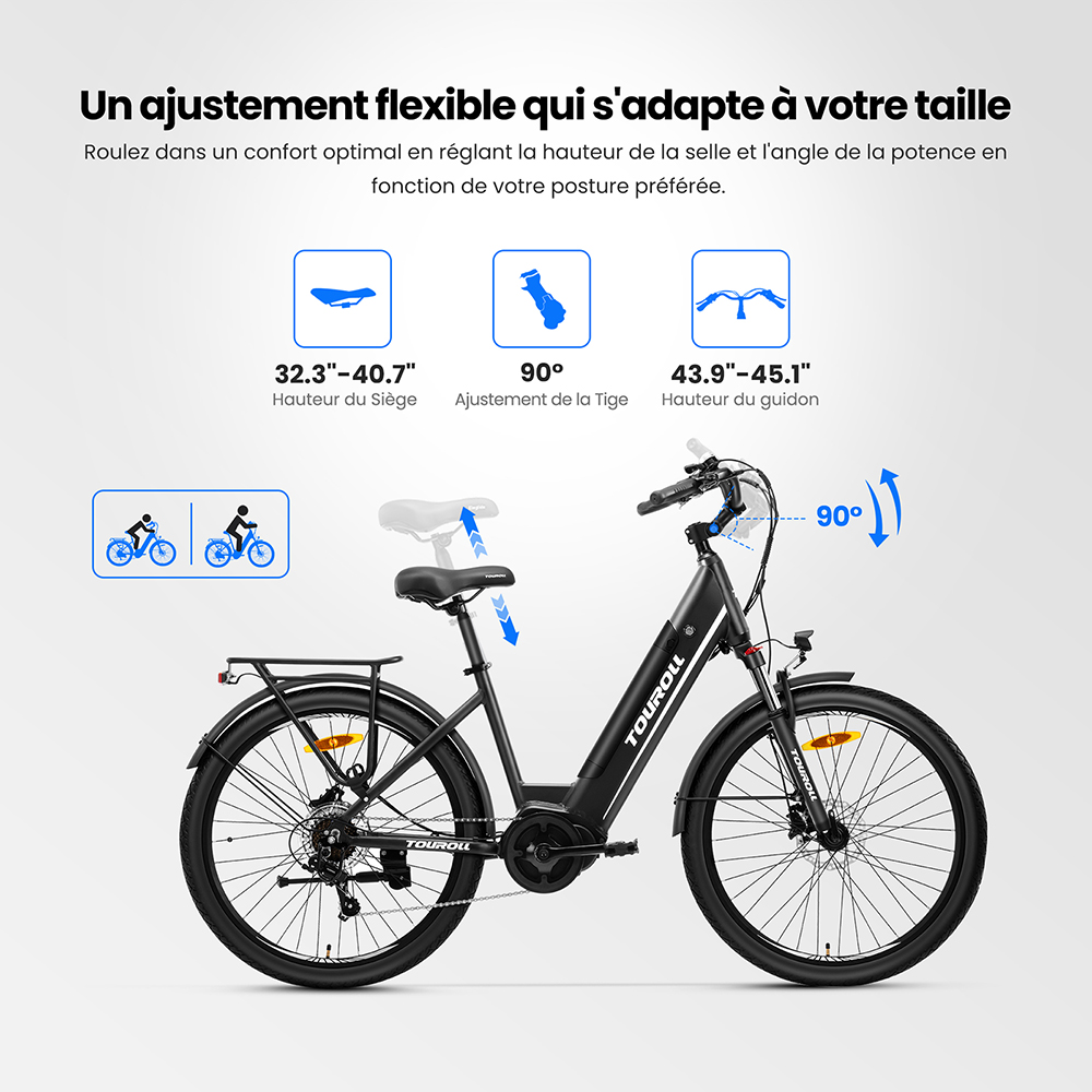 Touroll MA1 Vélo électrique, moteur central 250 W, batterie 36 V 13 Ah, pneus 26 pouces, vitesse maximale 25 km/h, autonomie maximale 110 km, freins à disque hydrauliques, fourche à suspension avec blocage, Shimano 7 vitesses
