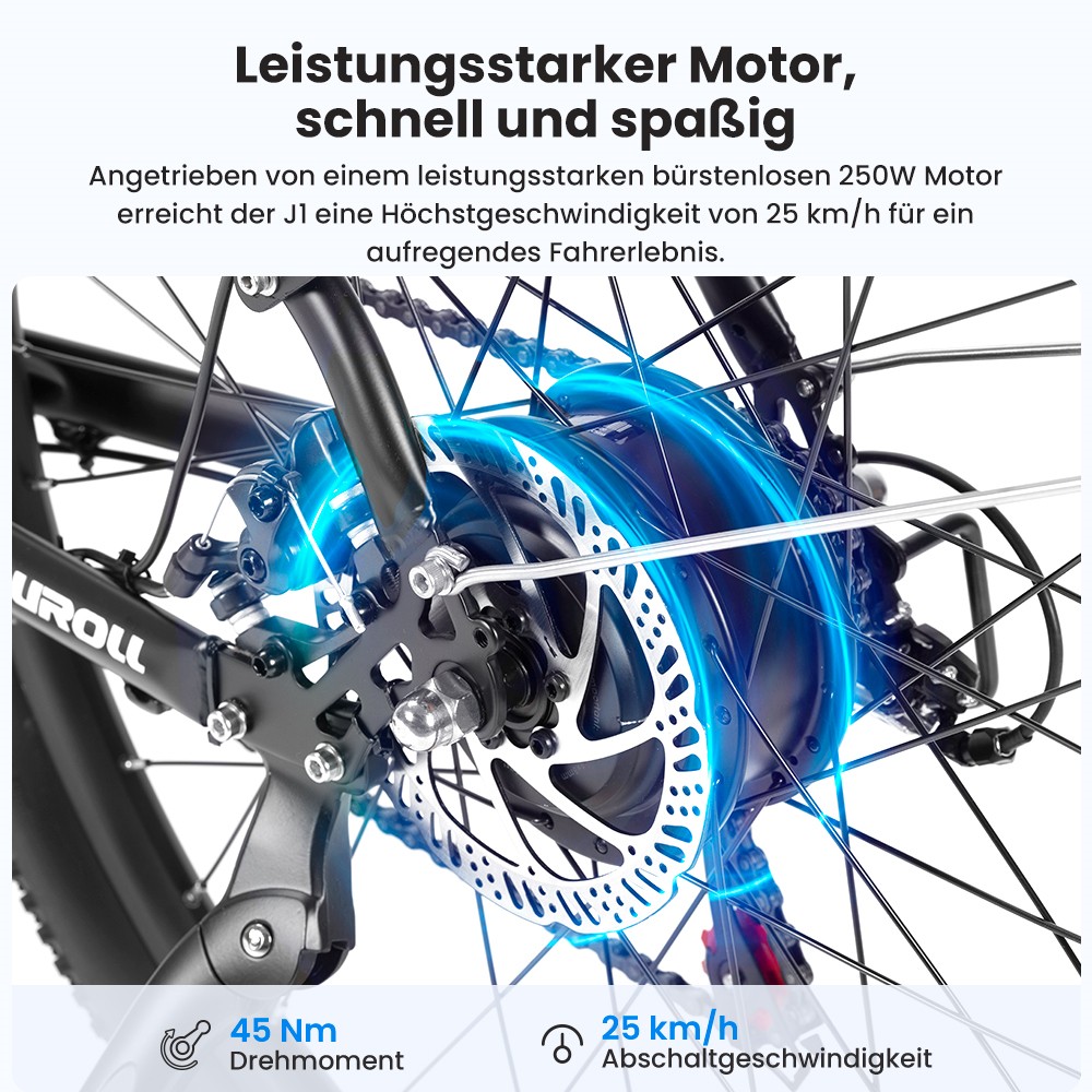 Touroll J1 Trekkingrad mit 250-W-Motor, 27,5-Zoll-Rädern, 561,6-Wh-Akku, 100 km Reichweite, mechanischer Scheibenbremse und E-Bremse (schwarz)