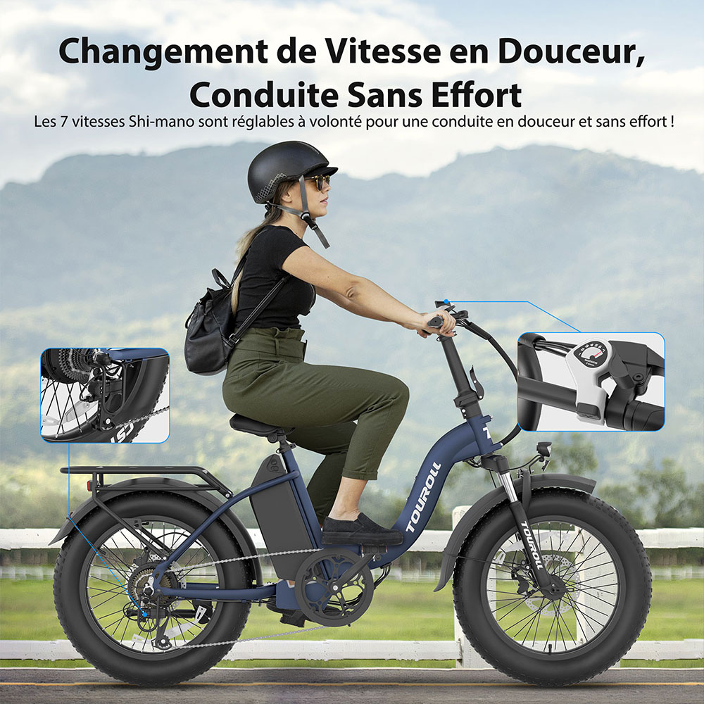 Touroll S2 Vélo électrique, puissance maximale de 650 W, batterie 48 V 15 Ah, pneu 20 x 4,0 pouces, vitesse maximale de 25 km/h, autonomie maximale de 150 km, frein à disque mécanique et frein électrique, amortisseur mécanique, Shimano 7 vitesses