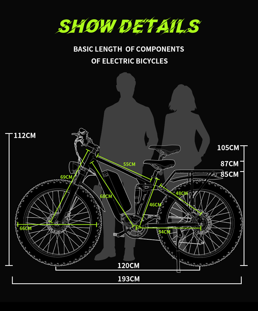 DUOTTS S26 Electric Bike 750W*2 Motors 50km/h Max Speed 26*4.0 inch Inflatable Fat Tires 48V 20Ah SAMSUNG Battery 120km Range Shimano 7-Speed 150kg Max Load Smart APP - Black