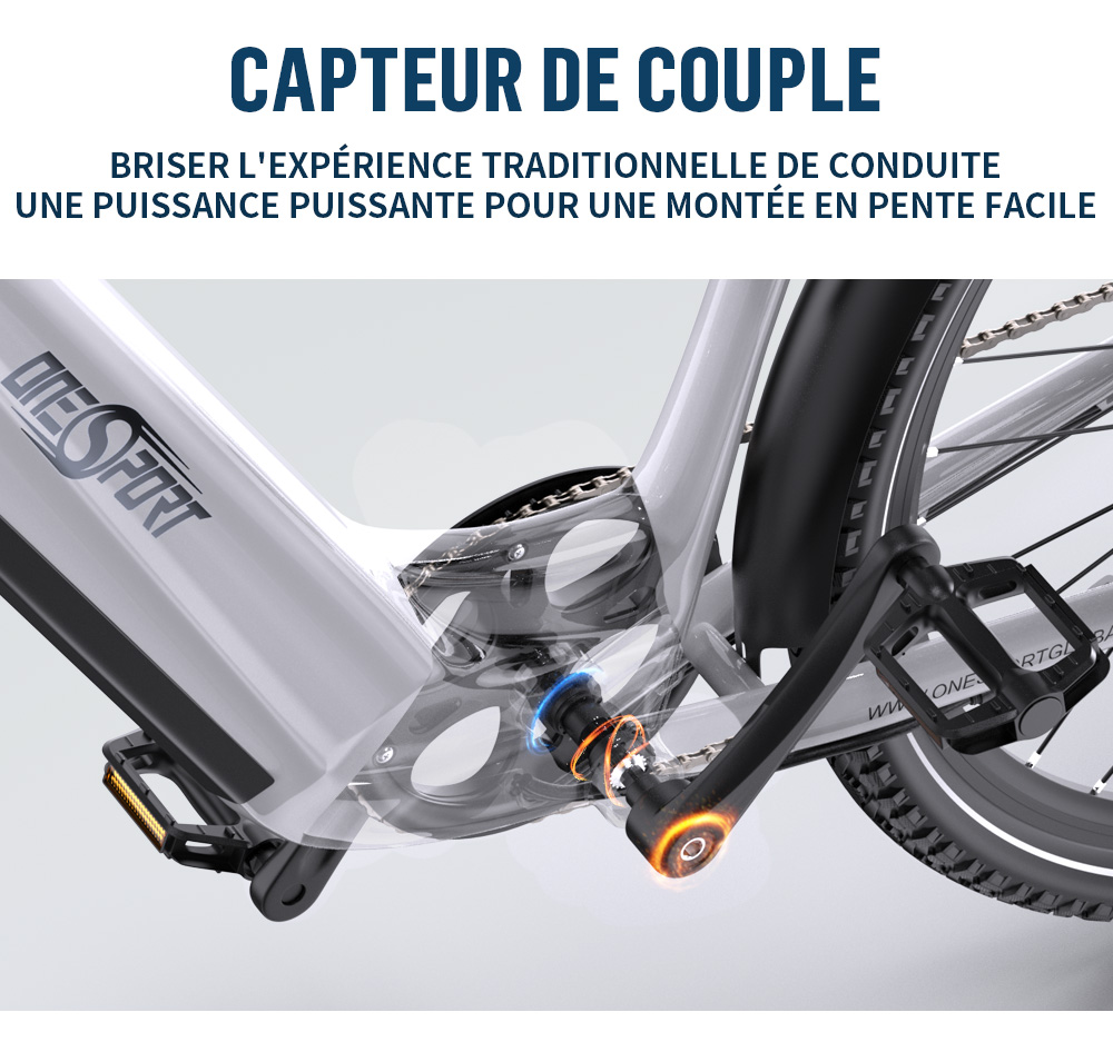 Onesport OT05 Pro Vélo électrique, moteur 250 W, batterie 36 V 22,5 Ah, pneus 700 x 50 C, vitesse maximale 25 km/h, autonomie 140 km, freins à disque hydrauliques, fourche à suspension avant, Shimano 7 vitesses - Blanc