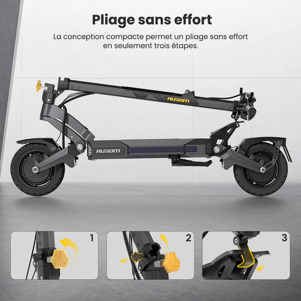 Ausom DT2 Pro Trottinette électrique, moteur 2 x 1 100 W, 52 V 23,4 Ah, pneus 10 x 3 pouces, vitesse maximale de 68 km/h, autonomie maximale de 115 km, freins à disque hydrauliques avant et arrière, suspension à bras oscillant