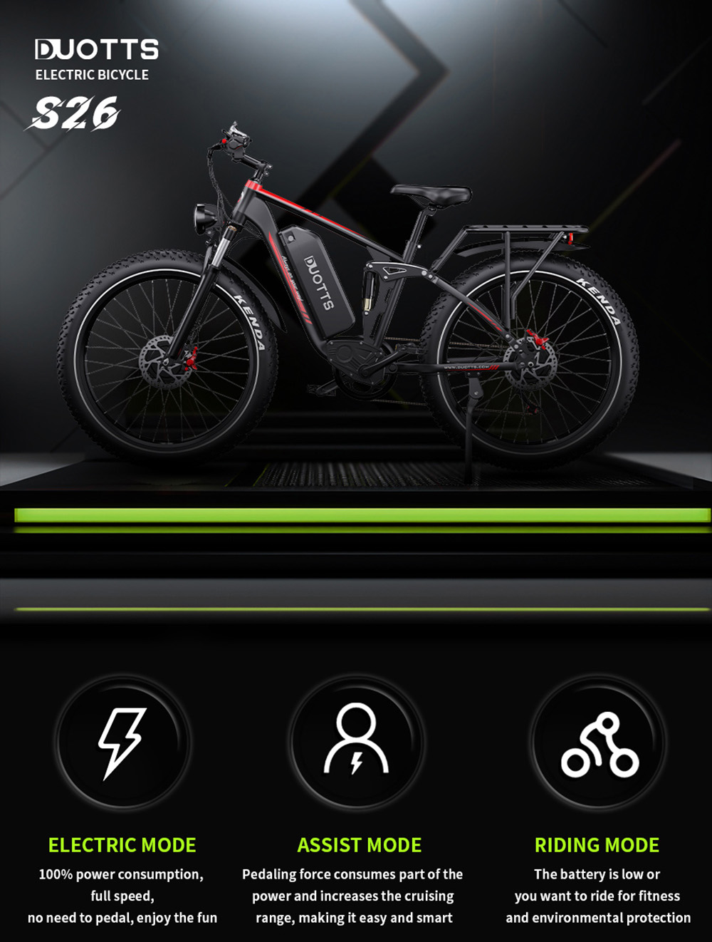 DUOTTS S26 Electric Bike 750W*2 Motors 50km/h Max Speed 26*4.0 inch Inflatable Fat Tires 48V 20Ah SAMSUNG Battery 120km Range Shimano 7-Speed 150kg Max Load Smart APP - Black