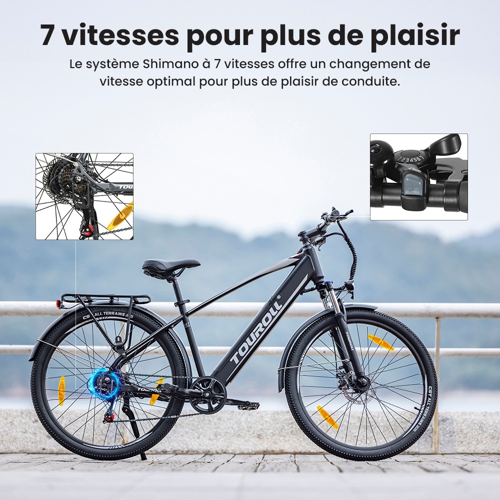 Touroll J1 Vélo de randonnée, 27,5 pouces, avec moteur 250 W, batterie 36 V 15,6 Ah, autonomie maximale 100 km, écran LCD 1,8
