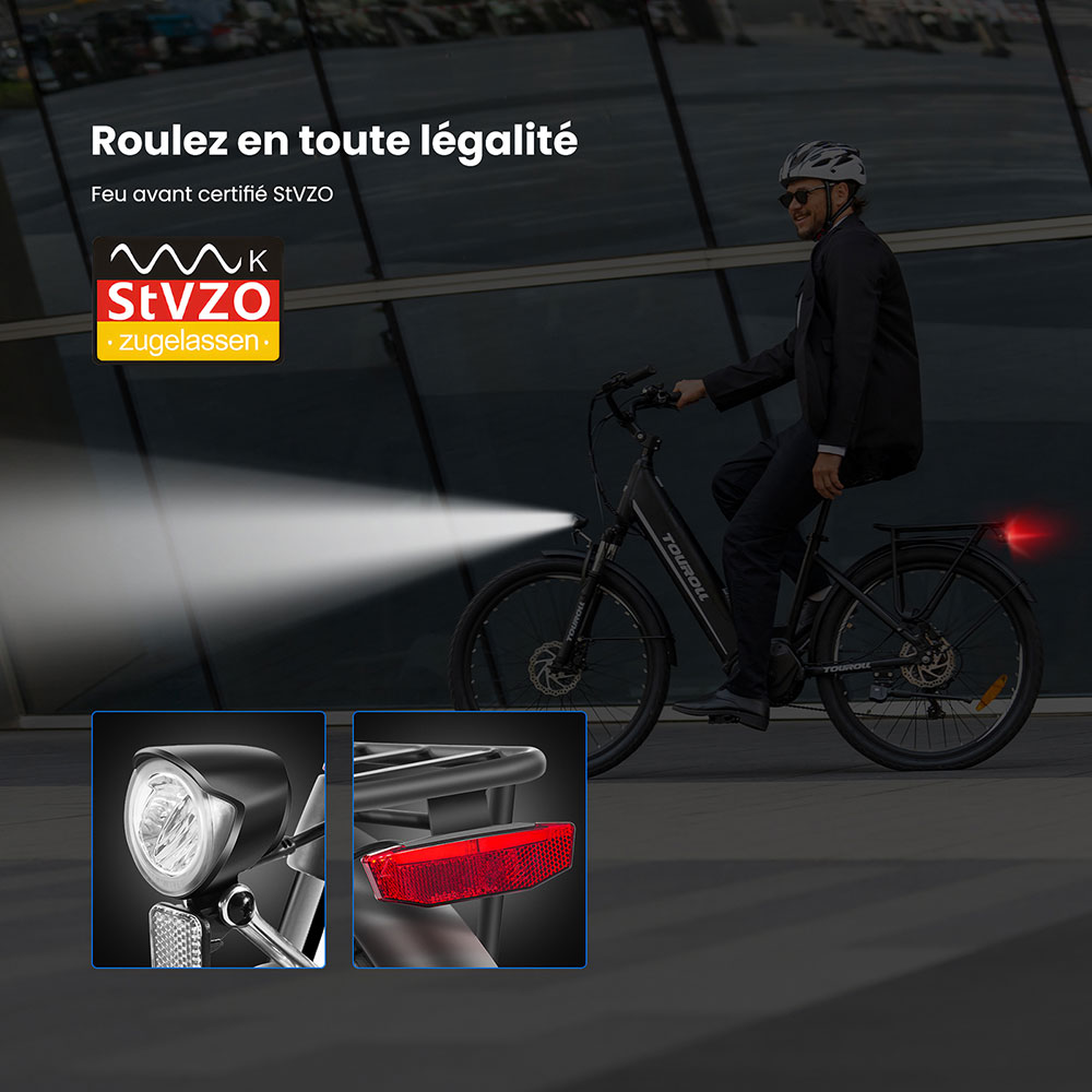 Touroll MA1 Vélo électrique, moteur central 250 W, batterie 36 V 13 Ah, pneus 26 pouces, vitesse maximale 25 km/h, autonomie maximale 110 km, freins à disque hydrauliques, fourche à suspension avec blocage, Shimano 7 vitesses