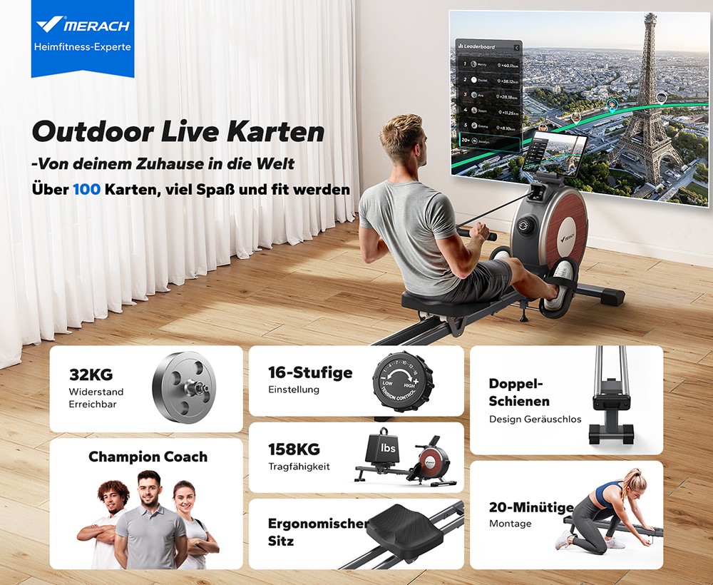 MERACH Q1S Magnetisches Rudergerät, 16-stufiger Widerstand, 160kg Kapazität, Doppelschiene, LCD-Monitor, App-kompatibel, Manuelle Anpassung, Schwarz