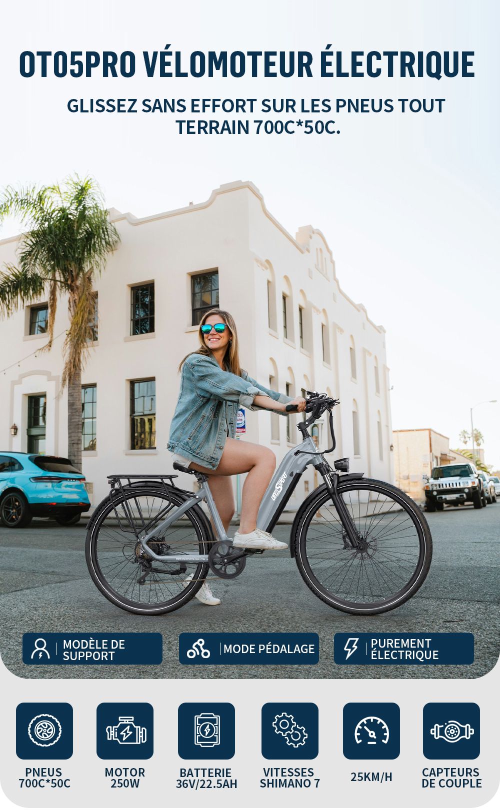 Onesport OT05 Pro Vélo électrique, moteur 250 W, batterie 36 V 22,5 Ah, pneus 700 x 50 C, vitesse maximale 25 km/h, autonomie 140 km, freins à disque hydrauliques, fourche à suspension avant, transmission Shimano 7 vitesses - Gris