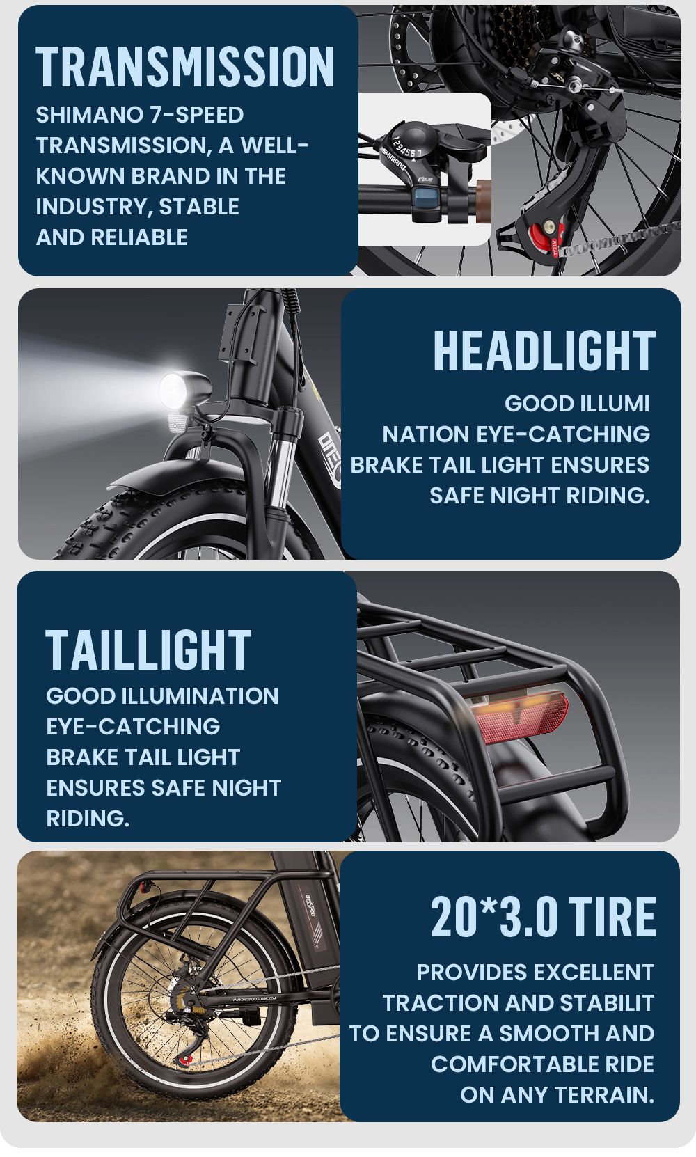 ONESPORT OT16 Vélo électrique, Pneus 20*3,0 pouces, batterie 48V 17Ah, Vitesse maximale 25km/h, 3 modes de conduite, Freins à disque, 7 vitesses - Noir et marron