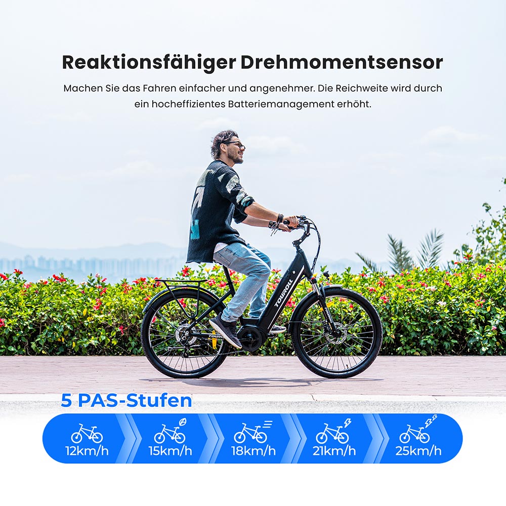 Touroll MA1 Elektrofahrrad, 250-W-Mittelmotor, 36-V-13-Ah-Akku, 26-Zoll-Reifen, 25 km/h Höchstgeschwindigkeit, 110 km maximale Reichweite, hydraulische Scheibenbremsen, Federgabel mit Verriegelung, Shimano 7-Gang