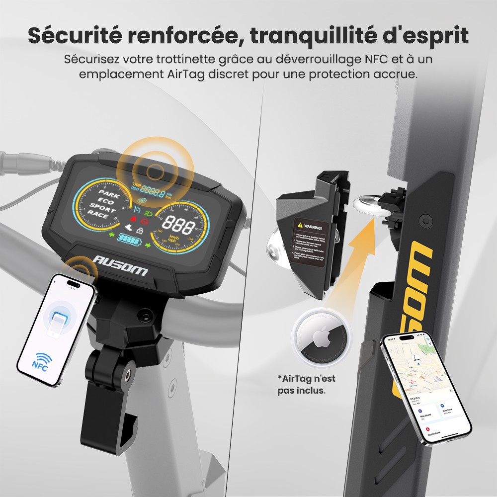 Ausom DT2 Pro Trottinette électrique, moteur 2 x 1 100 W, 52 V 23,4 Ah, pneus 10 x 3 pouces, vitesse maximale de 68 km/h, autonomie maximale de 115 km, freins à disque hydrauliques avant et arrière, suspension à bras oscillant