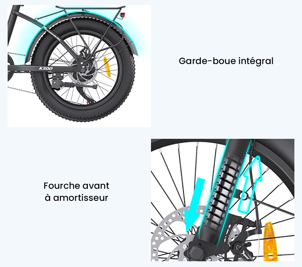 Vélo électrique pliable AVAKA K300, moteur 350 W, batterie 36 V 16 Ah, pneus 20 x 3,0 pouces, vitesse maximale 31 km/h, autonomie 100 km, freins à disque avant et arrière, écran LCD, SHIMANO 7 vitesses - Blanc