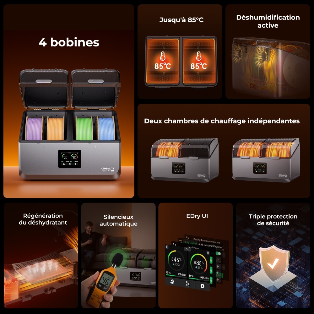 Creality SpacePi X4 Séchoir Filament, Stockage 4 Bobines, Double Chauffage, 85°C Max, pour PLA/TPU/PETG/ABS/Nylon