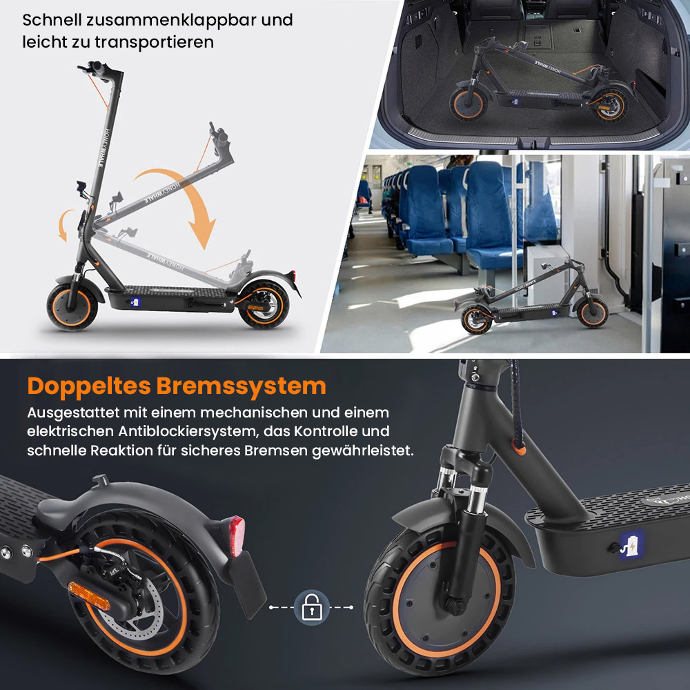 HONEY WHALE E9 MAX Elektroroller, 500-W-Motor, 36-V-10-Ah-Akku, 10-Zoll-Reifen, 20 km/h Höchstgeschwindigkeit, 35–40 km Reichweite, mechanische Bremse und elektronische Bremse, ABE-Zertifizierung