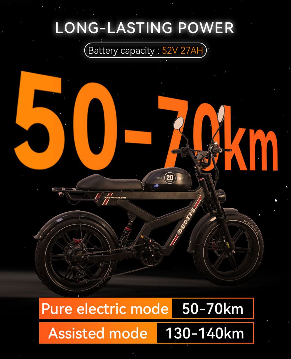 DUOTTS F20 Electric Bike 750W Motor 52V 27Ah Battery 20*4.0 Inch Fat Tire 50km/h Max Speed up to 120km Range with Full Suspension, Spring Shock Absorption, Hydraulic Disc Brakes - Black