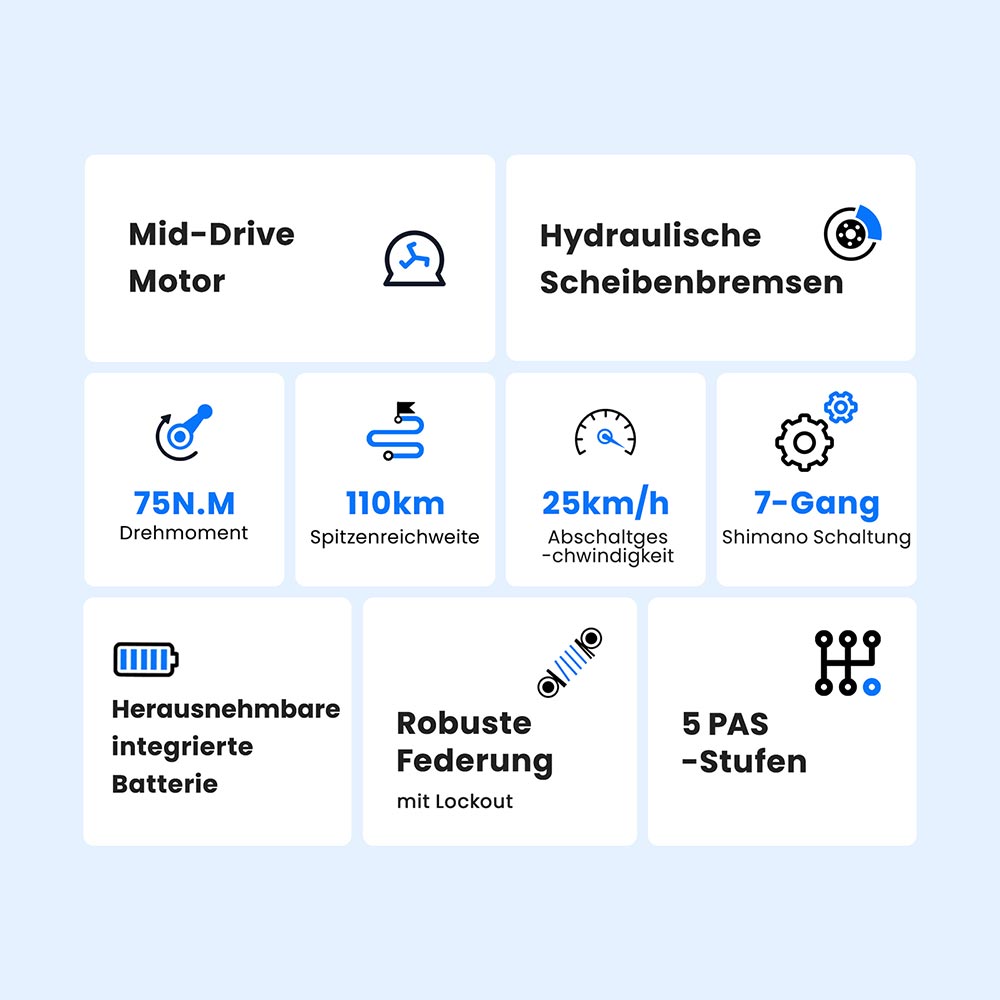 Touroll MA1 Elektrofahrrad, 250-W-Mittelmotor, 36-V-13-Ah-Akku, 26-Zoll-Reifen, 25 km/h Höchstgeschwindigkeit, 110 km maximale Reichweite, hydraulische Scheibenbremsen, Federgabel mit Verriegelung, Shimano 7-Gang