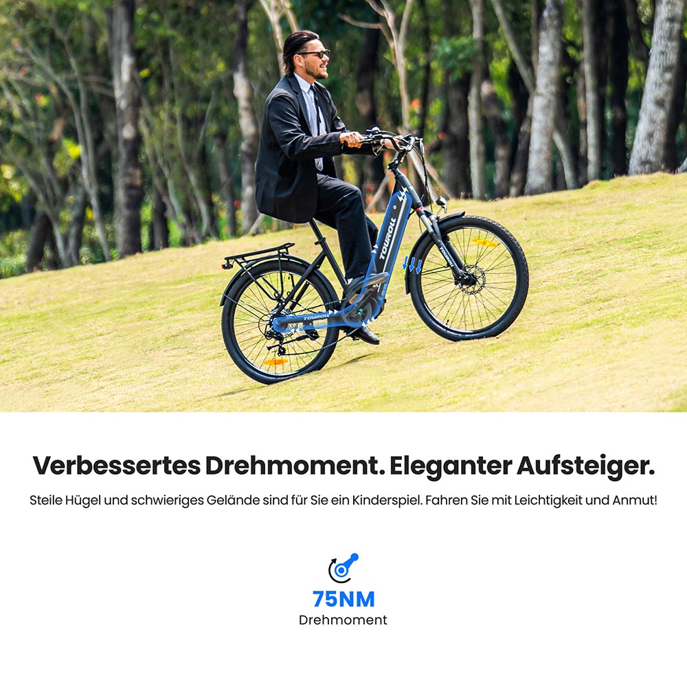 Touroll MA1 Elektrofahrrad, 250-W-Mittelmotor, 36-V-13-Ah-Akku, 26-Zoll-Reifen, 25 km/h Höchstgeschwindigkeit, 110 km maximale Reichweite, hydraulische Scheibenbremsen, Federgabel mit Verriegelung, Shimano 7-Gang