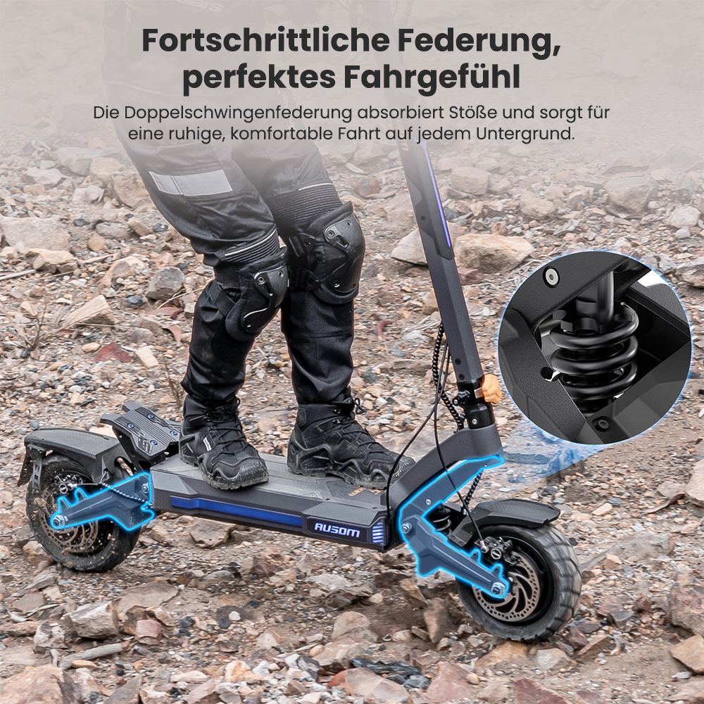 Ausom DT2 Pro Elektroroller, 2 x 1100 W Motoren, 52 V 23,4 Ah, 10 x 3,0 Zoll Reifen, 68 km/h Höchstgeschwindigkeit, 115 km maximale Reichweite, hydraulische Scheibenbremsen vorne und hinten, Schwingenfederung