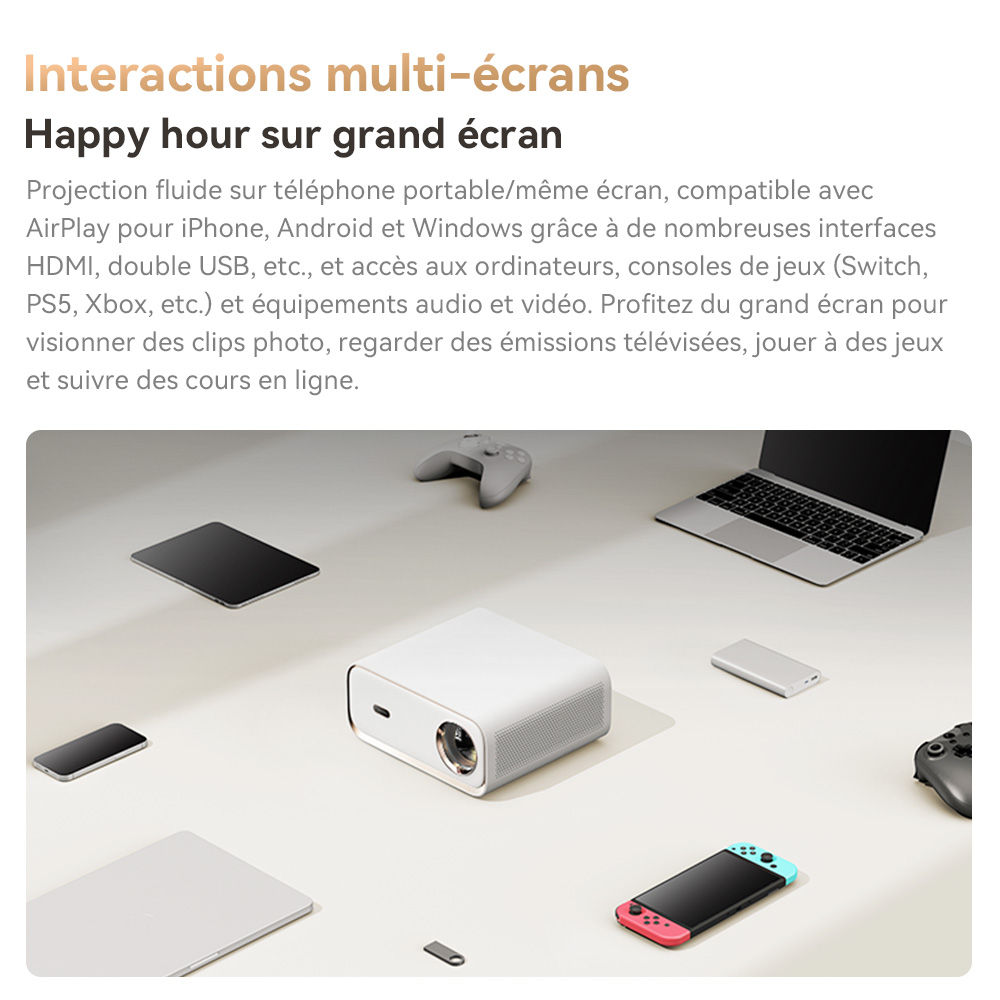 Projecteur Wanbo X5, 1100 lumens ANSI, 1080P natif, correction automatique du trapèze, WiFi 6 double bande, 1 Go/16 Go, Bluetooth 5.0