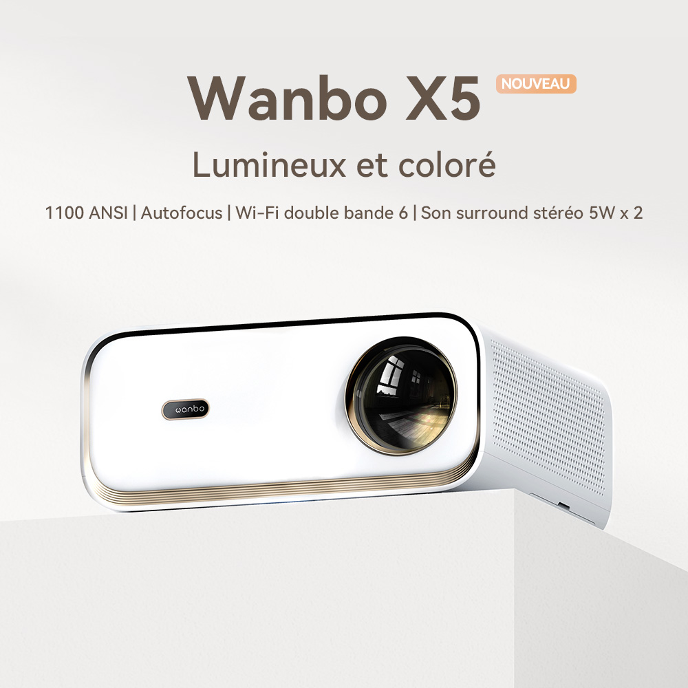 Projecteur Wanbo X5, 1100 lumens ANSI, 1080P natif, correction automatique du trapèze, WiFi 6 double bande, 1 Go/16 Go, Bluetooth 5.0