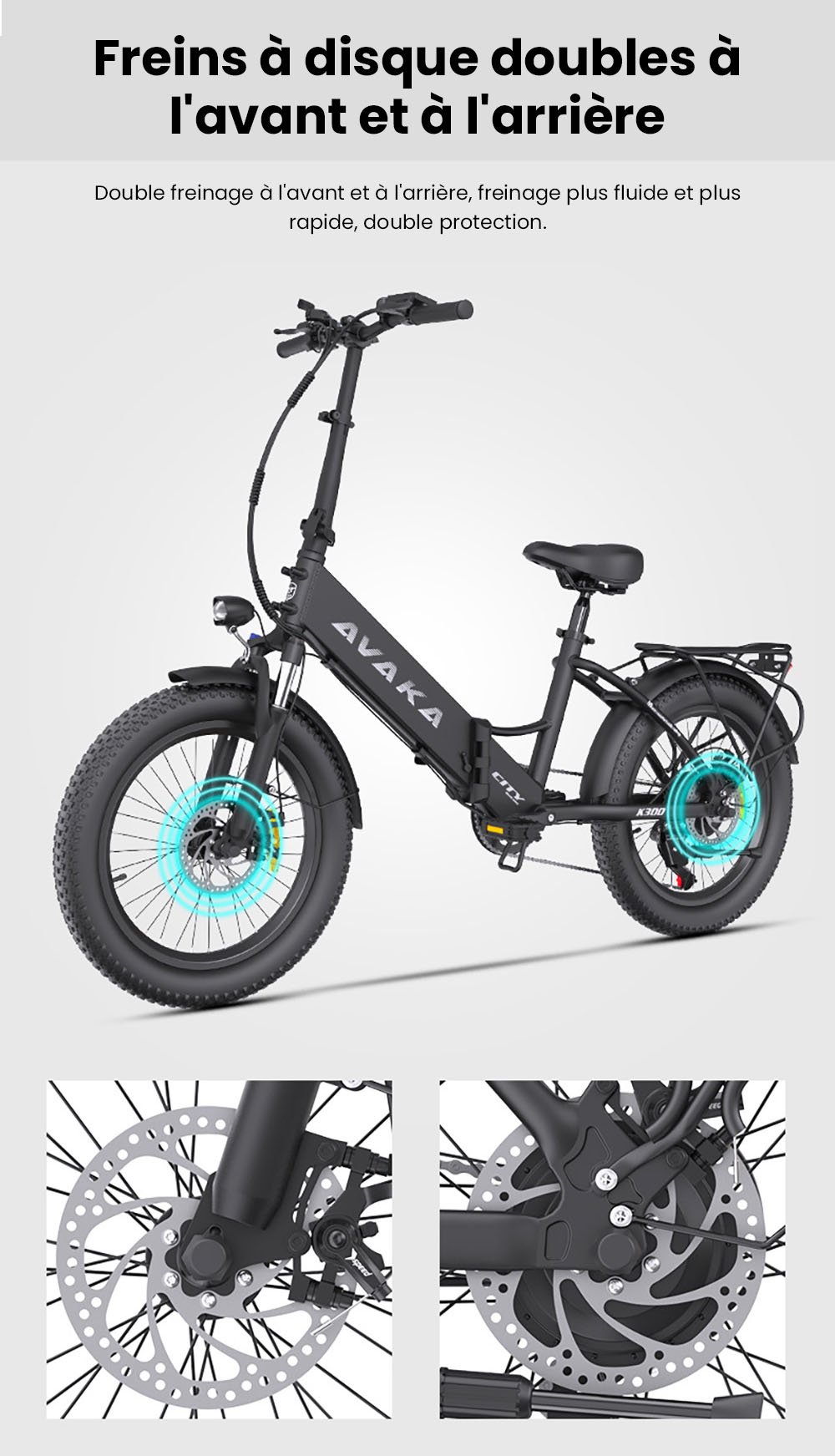 Vélo électrique pliable AVAKA K300, moteur 350 W, batterie 36 V 16 Ah, pneus 20 x 3,0 pouces, vitesse maximale 31 km/h, autonomie 100 km, freins à disque avant et arrière, écran LCD, SHIMANO 7 vitesses - Blanc