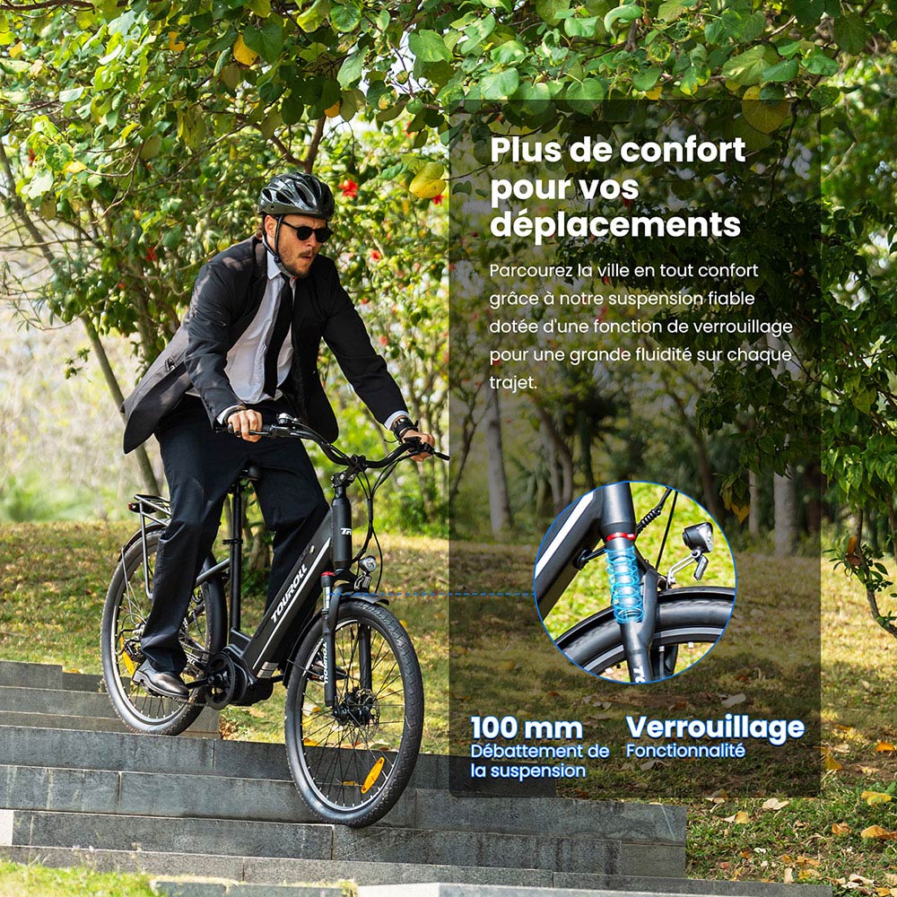 Touroll MA1 Vélo électrique, moteur central 250 W, batterie 36 V 13 Ah, pneus 26 pouces, vitesse maximale 25 km/h, autonomie maximale 110 km, freins à disque hydrauliques, fourche à suspension avec blocage, Shimano 7 vitesses