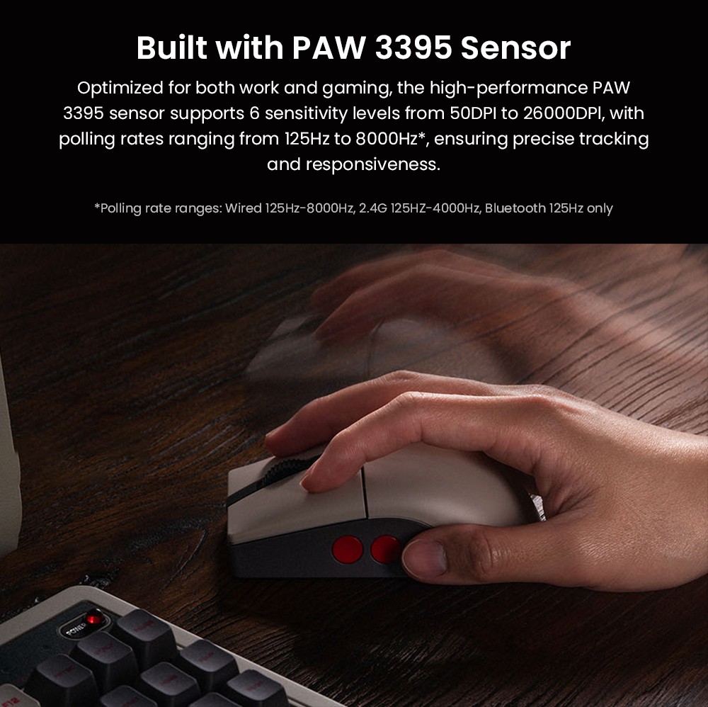 8BitDo Retro R8 Mouse N Edition, 3 Connection Modes, PAW 3395 Sensor, Programmable Buttons