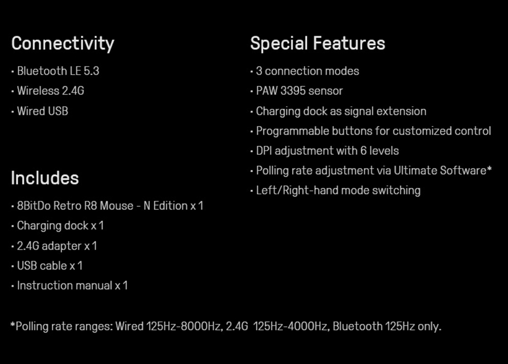 8BitDo Retro R8 Mouse N Edition, 3 Connection Modes, PAW 3395 Sensor, Programmable Buttons