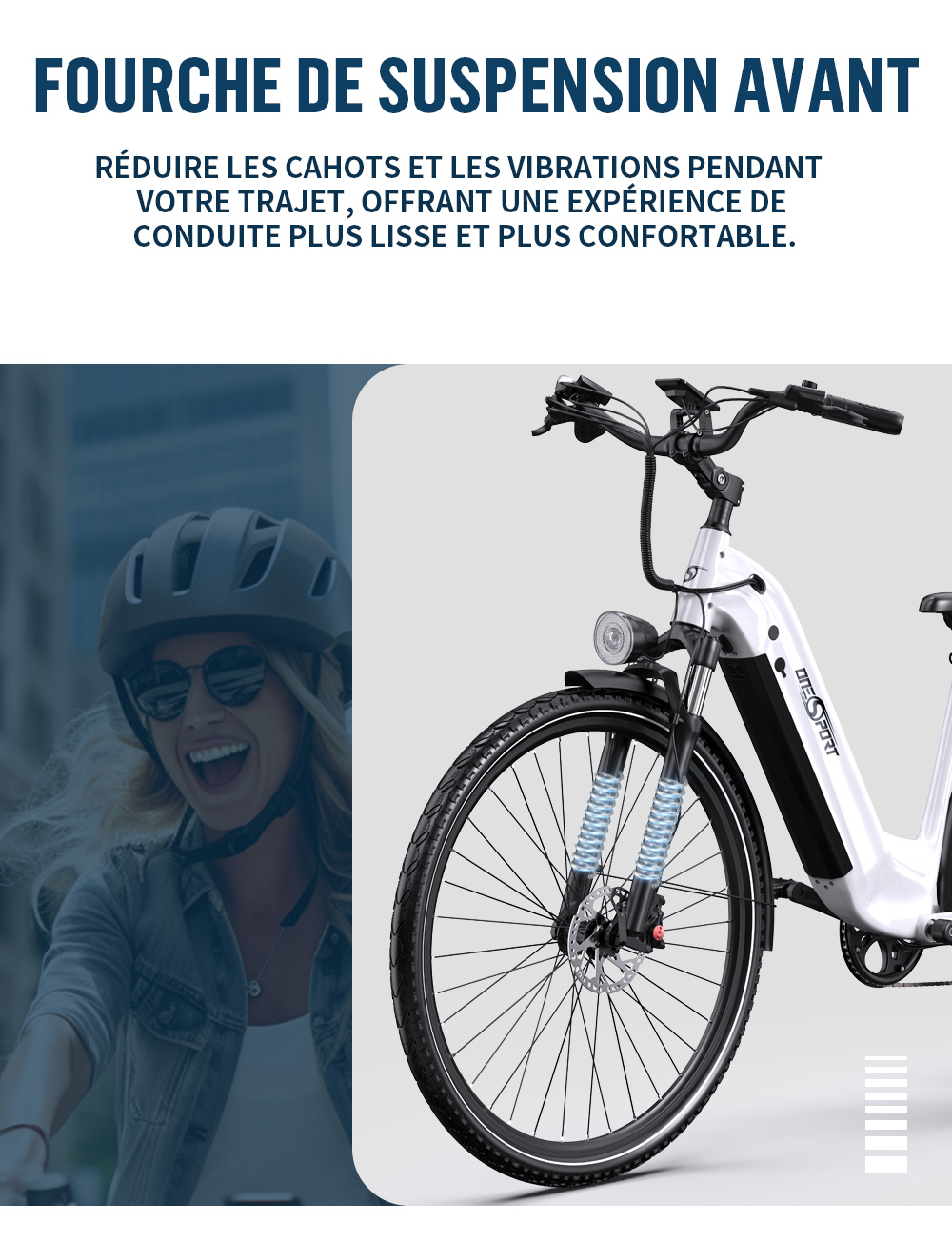 Onesport OT05 Pro Vélo électrique, moteur 250 W, batterie 36 V 22,5 Ah, pneus 700 x 50 C, vitesse maximale 25 km/h, autonomie 140 km, freins à disque hydrauliques, fourche à suspension avant, Shimano 7 vitesses - Blanc