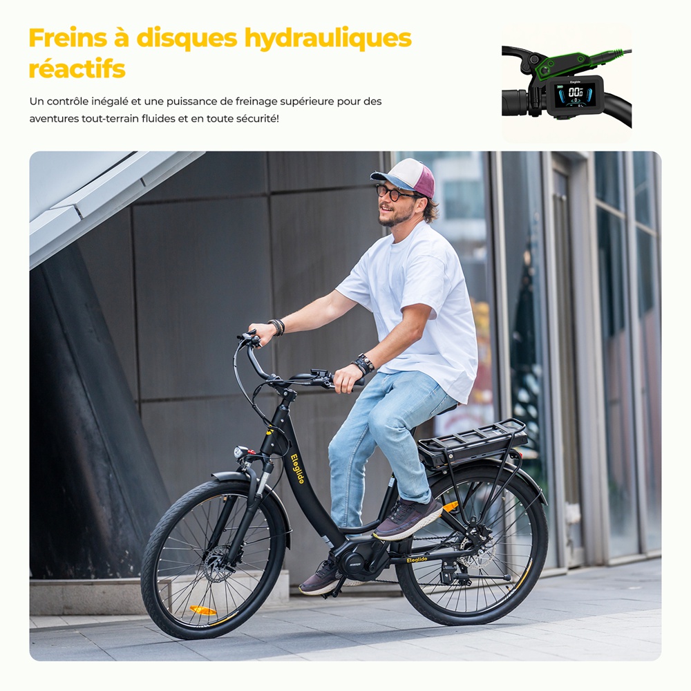 Eleglide C2 Vélo électrique, moteur central 250 W, batterie 36 V 13 Ah, pneus 26 pouces, vitesse maximale 25 km/h, autonomie 100 km, freins à disque hydrauliques, suspension avec blocage, transmission Shimano 7 vitesses