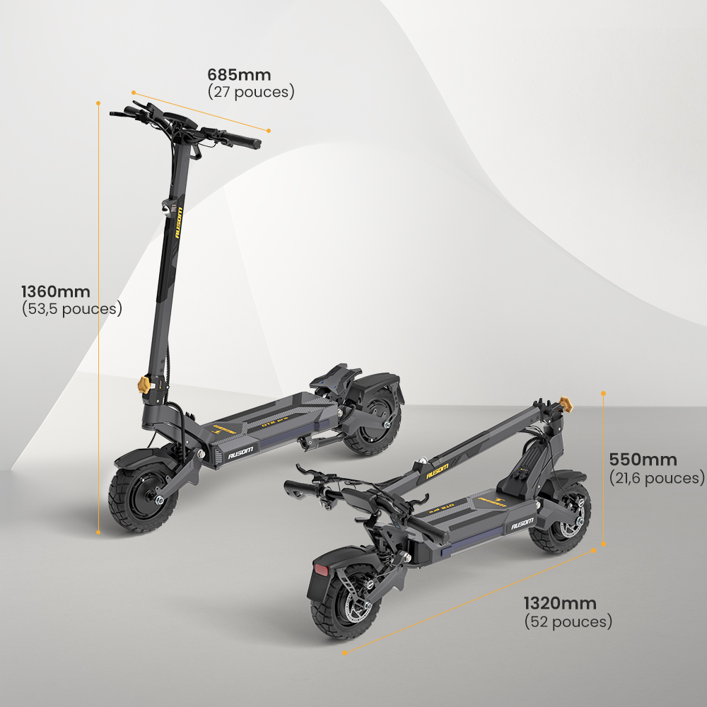 Ausom DT2 Pro Trottinette électrique, moteur 2 x 1 100 W, 52 V 23,4 Ah, pneus 10 x 3 pouces, vitesse maximale de 68 km/h, autonomie maximale de 115 km, freins à disque hydrauliques avant et arrière, suspension à bras oscillant