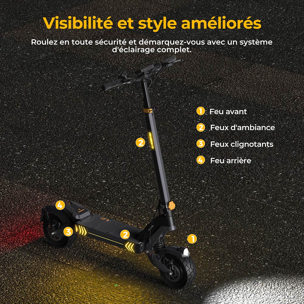 Ausom L2 Trottinette électrique, moteur 2 x 800 W, batterie 48 V 15,6 Ah, pneus 10 pouces, vitesse maximale 55 km/h, autonomie 70 km, freins à disque avant et arrière, suspension à bras oscillant, écran LCD
