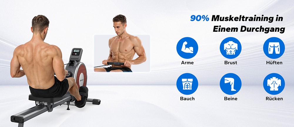 MERACH Q1S Magnetisches Rudergerät, 16-stufiger Widerstand, 160kg Kapazität, Doppelschiene, LCD-Monitor, App-kompatibel, Manuelle Anpassung, Schwarz