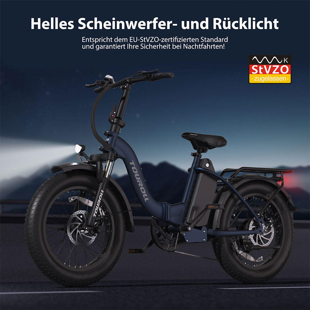 Touroll S2 Elektrofahrrad, 650 W max. Leistung, 48 V 15 Ah Akku, 20 x 4,0 Zoll Reifen, 25 km/h Max. Geschwindigkeit, 150 km max. Reichweite, mechanische Scheibenbremse & E-Bremse, mechanischer Stoßdämpfer, Shimano 7-Gang-Getriebe