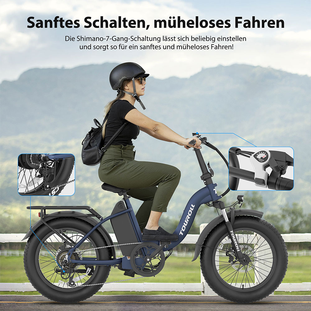 Touroll S2 Elektrofahrrad, 650 W max. Leistung, 48 V 15 Ah Akku, 20 x 4,0 Zoll Reifen, 25 km/h Max. Geschwindigkeit, 150 km max. Reichweite, mechanische Scheibenbremse & E-Bremse, mechanischer Stoßdämpfer, Shimano 7-Gang-Getriebe