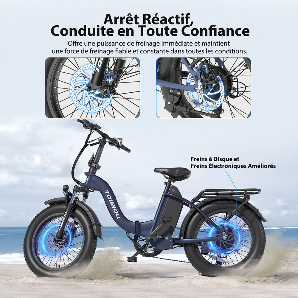 Touroll S2 Vélo électrique, puissance maximale de 650 W, batterie 48 V 15 Ah, pneu 20 x 4,0 pouces, vitesse maximale de 25 km/h, autonomie maximale de 150 km, frein à disque mécanique et frein électrique, amortisseur mécanique, Shimano 7 vitesses