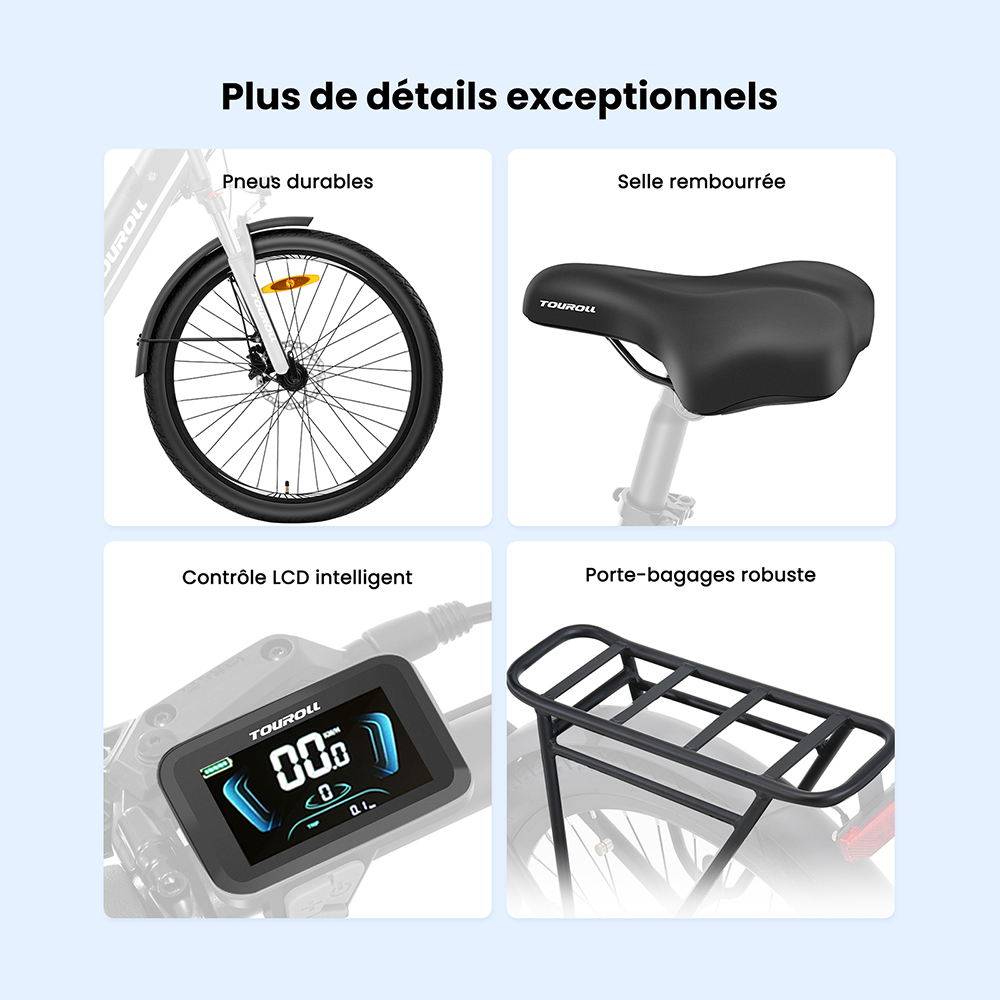 Touroll MA1 Vélo électrique, moteur central 250 W, batterie 36 V 13 Ah, pneus 26 pouces, vitesse maximale 25 km/h, autonomie maximale 110 km, freins à disque hydrauliques, fourche à suspension avec blocage, Shimano 7 vitesses