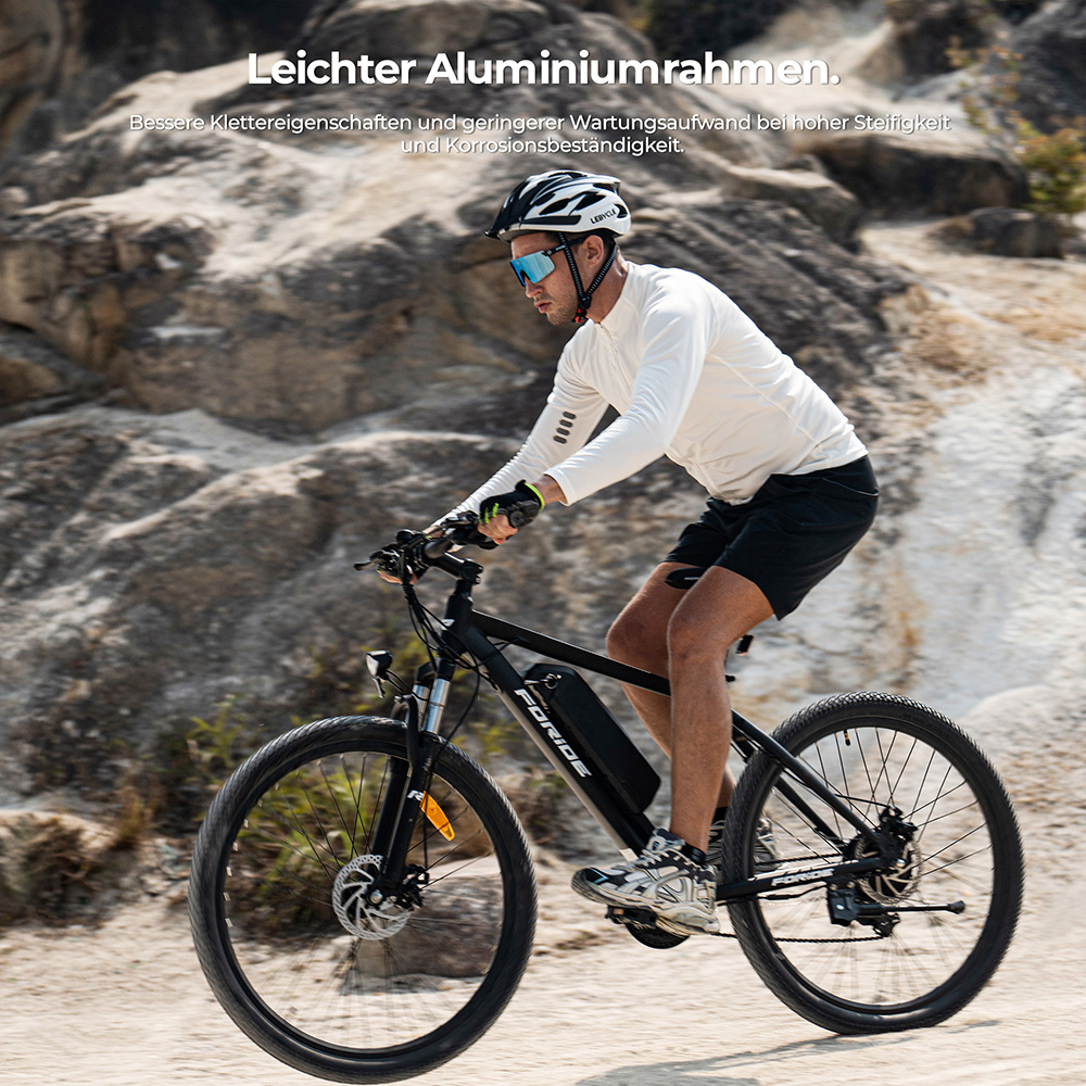 Foride Xtremer 1 Elektrofahrrad, 250W Motor, 36V 13Ah Akku, 27,5 Zoll Reifen, 25 km/h Höchstgeschwindigkeit, 100 km maximale Reichweite, Scheibenbremse und E-Bremse, Federung mit Sperre, Shimano 21-Gang-Schaltung