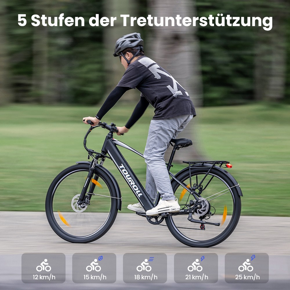 Touroll J1 Trekkingrad mit 250-W-Motor, 27,5-Zoll-Rädern, 561,6-Wh-Akku, 100 km Reichweite, mechanischer Scheibenbremse und E-Bremse (schwarz)